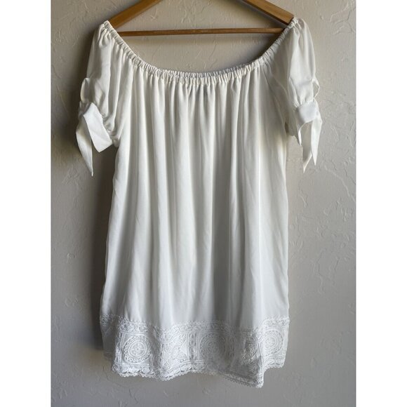 Lulus Size Medium White Off the Shoulder Shift Mini Dress Tie Sleeves Crochet La - Picture 4 of 10